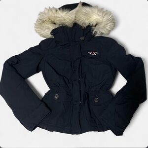 Hollister Navy Cargo Jacket with Faux Fur Hood